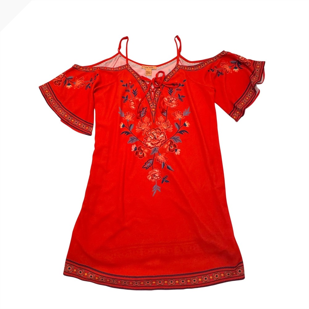 Flying Tomato Red Floral Print Cold Shoulder Mini Dress Boho Lace Up Large